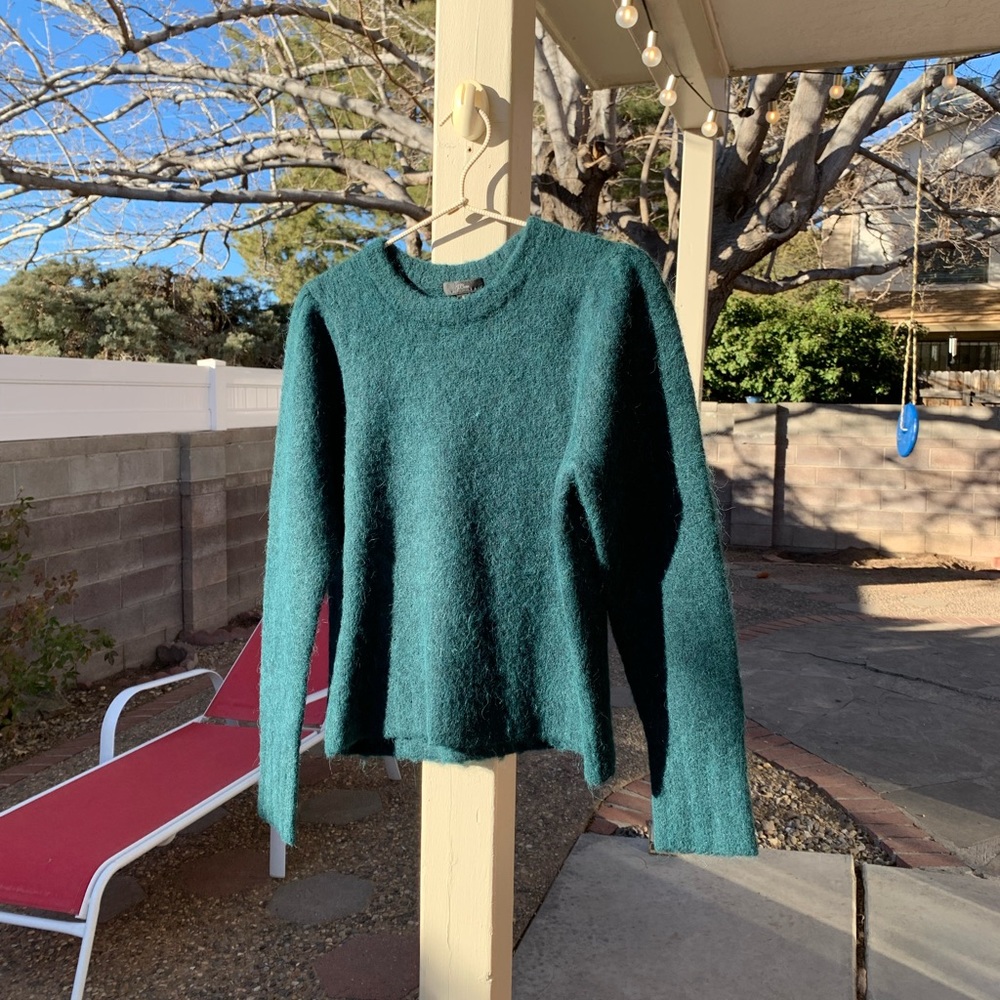 J Crew forest green puffy shoulders alpaca blend sweater size S
